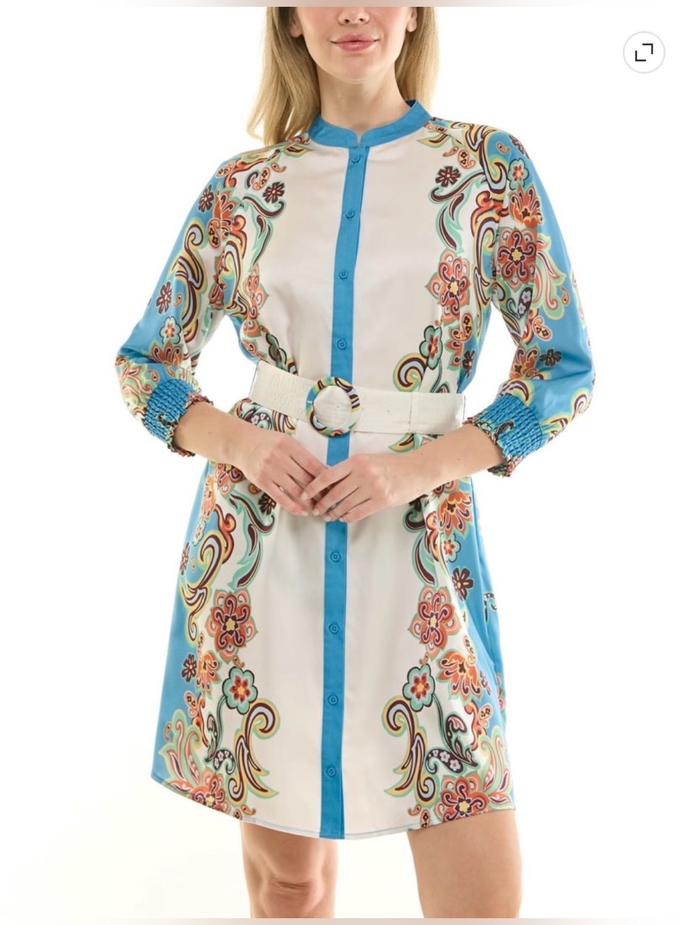 Paisley-Print Blue and Cream Mini Shirt Dress with Belt